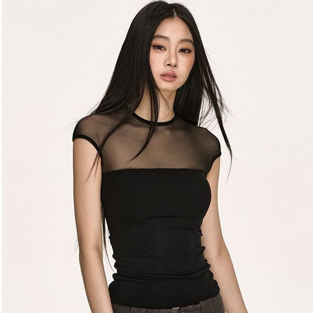 Sosana-Short Sleeve Mesh Panel Plain Slim-Fit Top