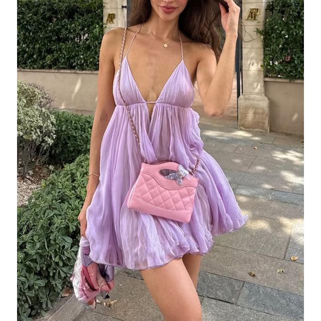 Sosana-Spaghetti Strap Halter Neck Plain Sheer Mini Dress