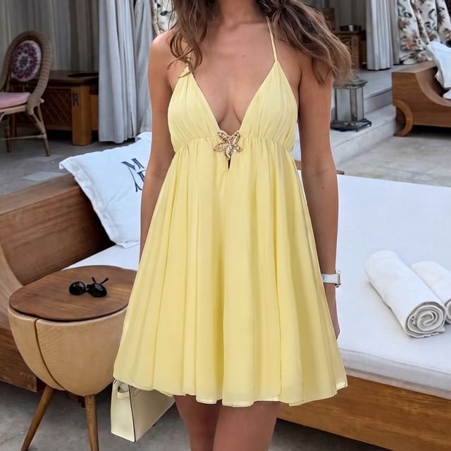 Sosana-Spaghetti Strap Halter V-Neck Plain Open-Back Chiffon Mini Dress