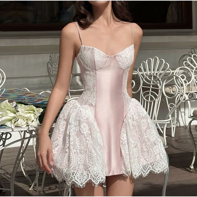 Sosana-Spaghetti Strap Lace Panel Satin Mini Dress