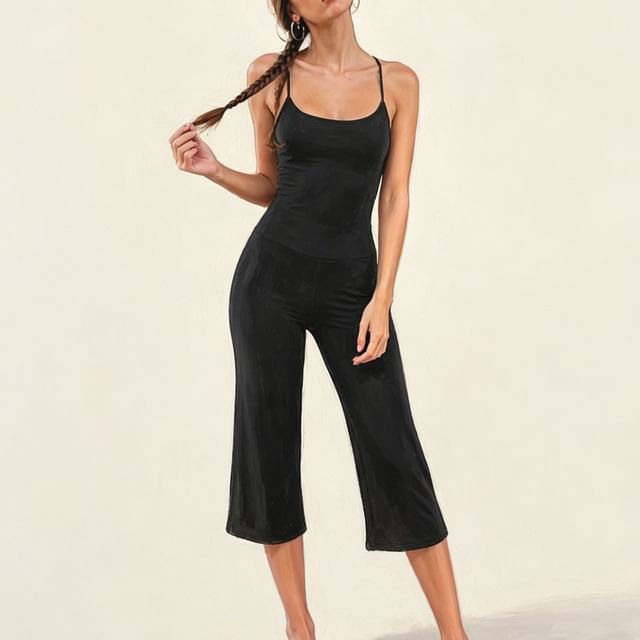 Sosana-Spaghetti Strap Scoop Neck Plain Crop Jumpsuit