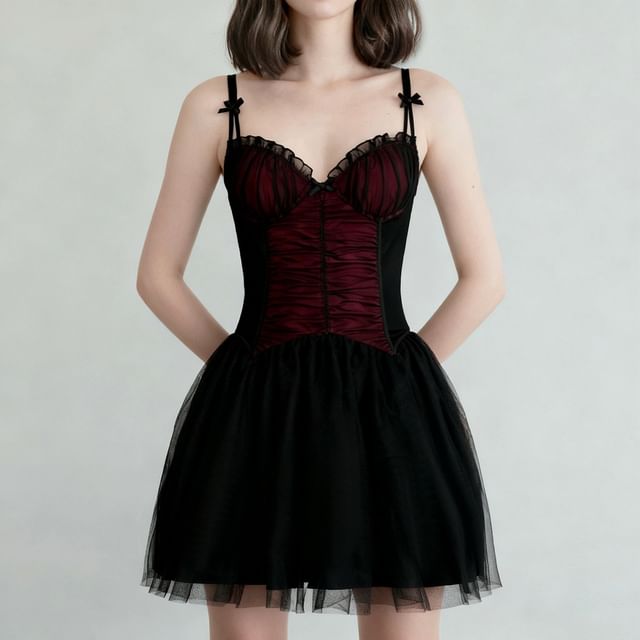 Sosana-Spaghetti Strap V-Neck Ruffled-Trim Color-Block Mesh Mini A-Line Skirt