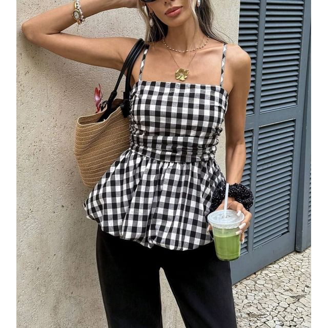 Sosana-Square Neck Gingham Bubble Hem Peplum Camisole Top