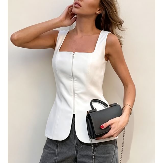 Sosana-Square-Neck Plain Zip-Up Tank Top