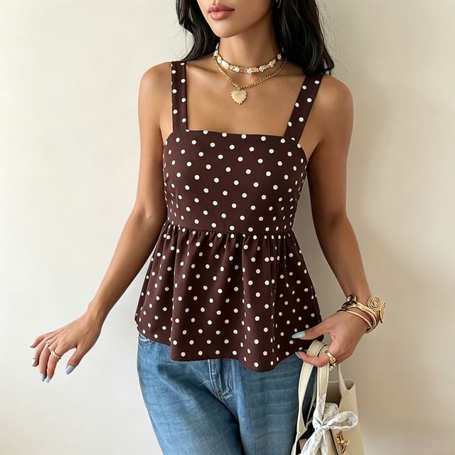 Sosana-Square Neck Polka Dot Peplum Tank Top