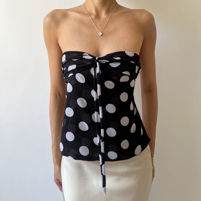 Sosana-Tie-Front Polka Dot Mesh Tube Top