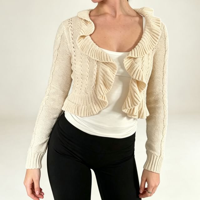 Sosana-U-Neck Collared Ruffle Cable Knit Plain Crop Cardigan