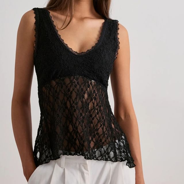 Sosana-V-Neck Lace See-Through Open-Back Tank Top