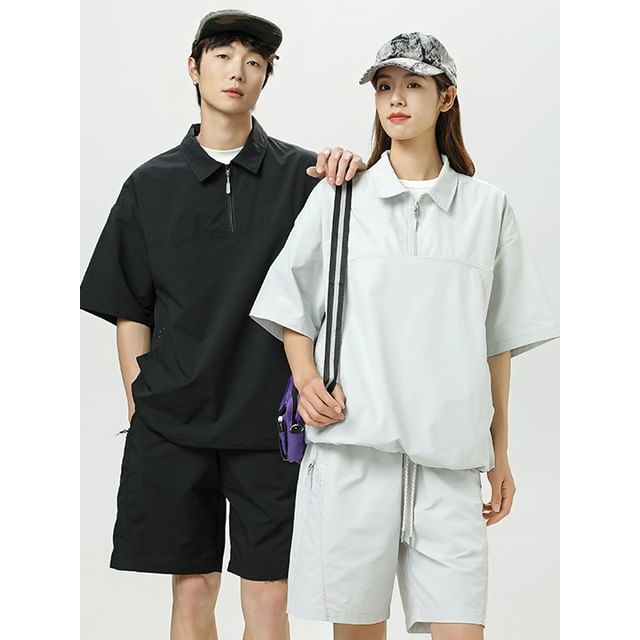 Soulcity-Couple Matching Short Sleeve Collared Plain Panel Half Zip Top
