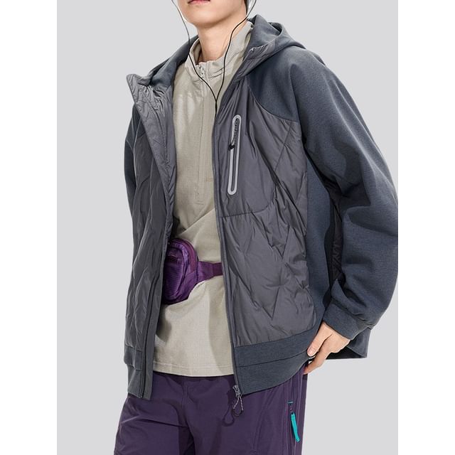 Soulcity-Couple Matching Stand Collar Hood Panel Zip Puffer Jacket