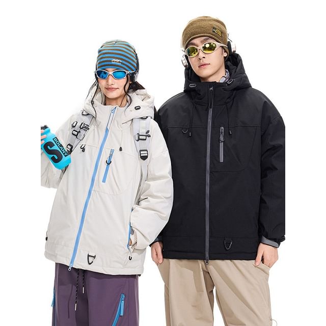 Soulcity-Couple Matching Stand Collar Plain Hood Zip Puffer Jacket