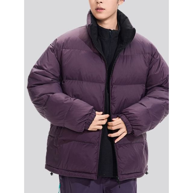 Soulcity-Couple Matching Stand Collar Two Tone Zip Puffer Jacket