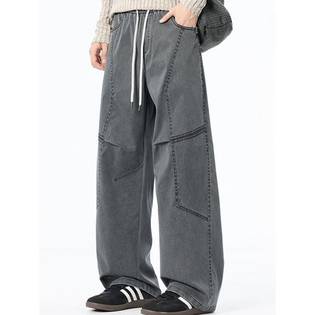 Soulcity-Drawstring Waist Panel Baggy Jeans