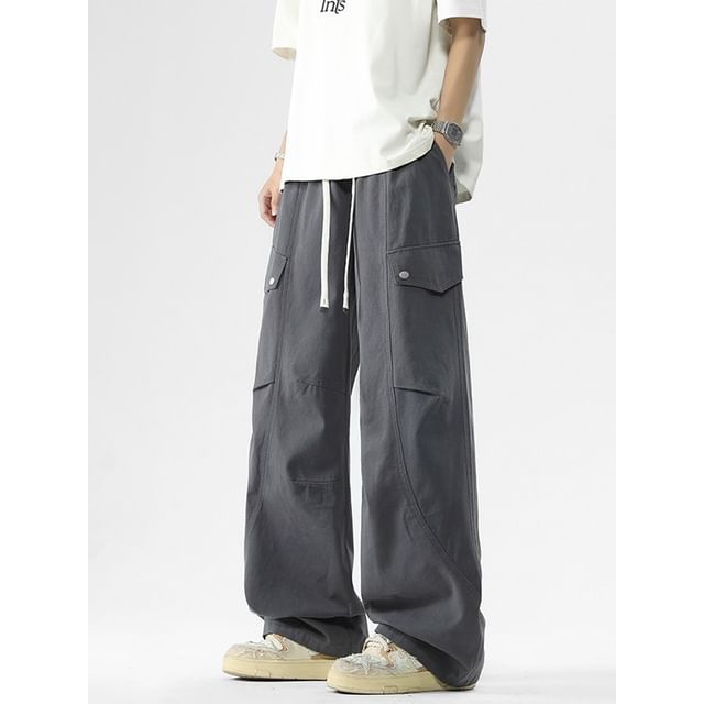Soulcity-Drawstring Waist Plain Baggy Cargo Pants