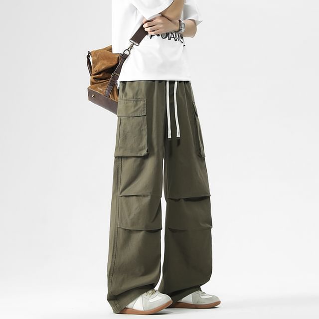 Soulcity-Drawstring Waist Plain Baggy Cargo Pants