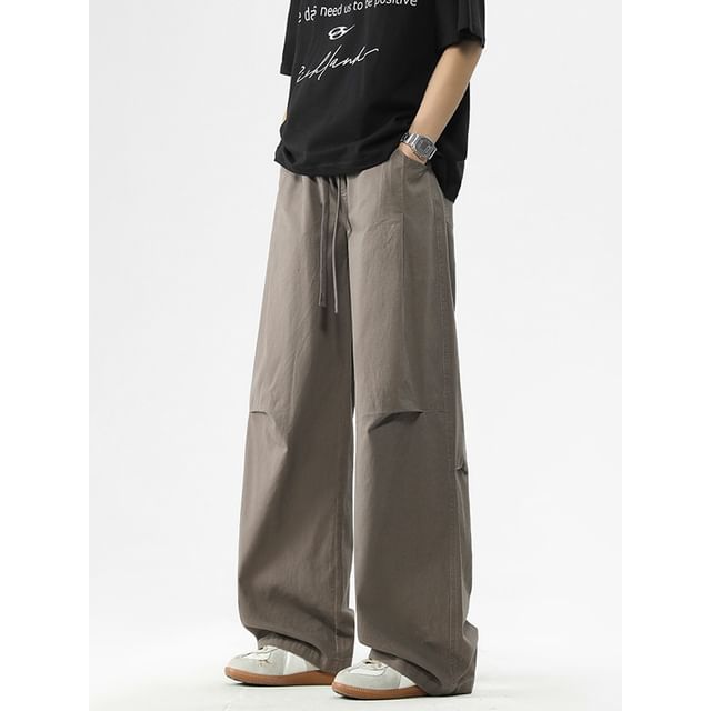 Soulcity-Drawstring Waist Plain Baggy Pants