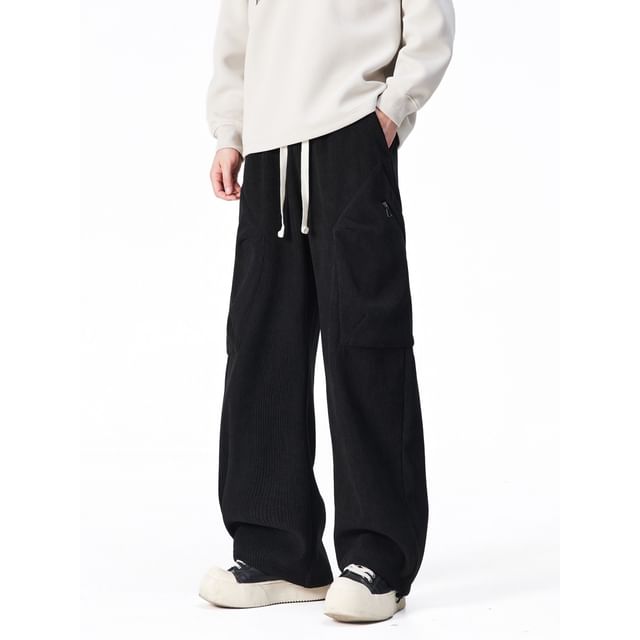 Soulcity-Drawstring Waist Plain Fleece-Lined Corduroy Straight Leg Cargo Pants