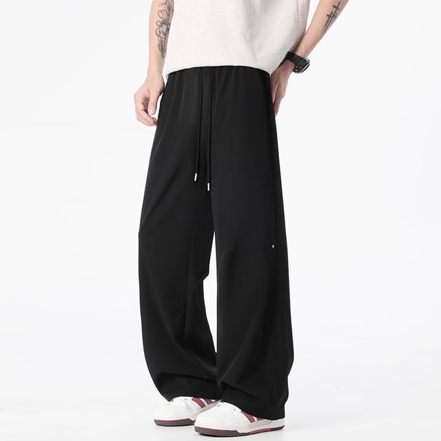 Soulcity-Drawstring Waist Plain Wide Leg Pants