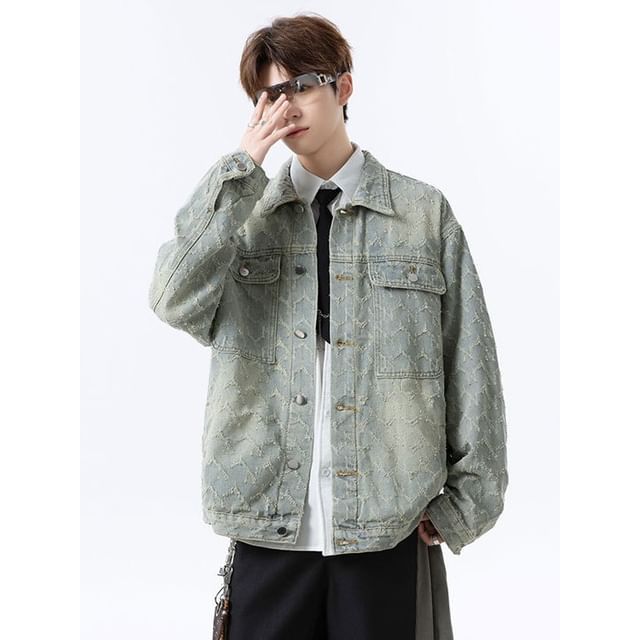 Soulcity-Plus-Size Frayed Washed Denim Jacket