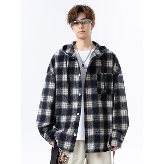 Soulcity-Plus-Size Plaid Hooded Flannel Shacket