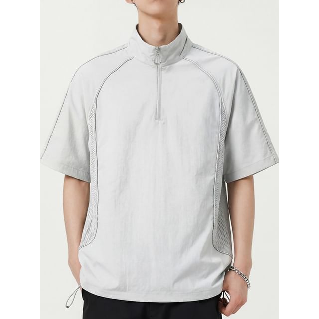Soulcity-Short Sleeve Stand Collar Plain Drawstring Half Zip Panel Mesh Top