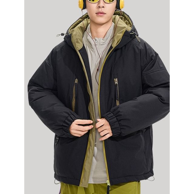 Soulcity-Stand Collar Two Tone Hood Zip Puffer Jacket