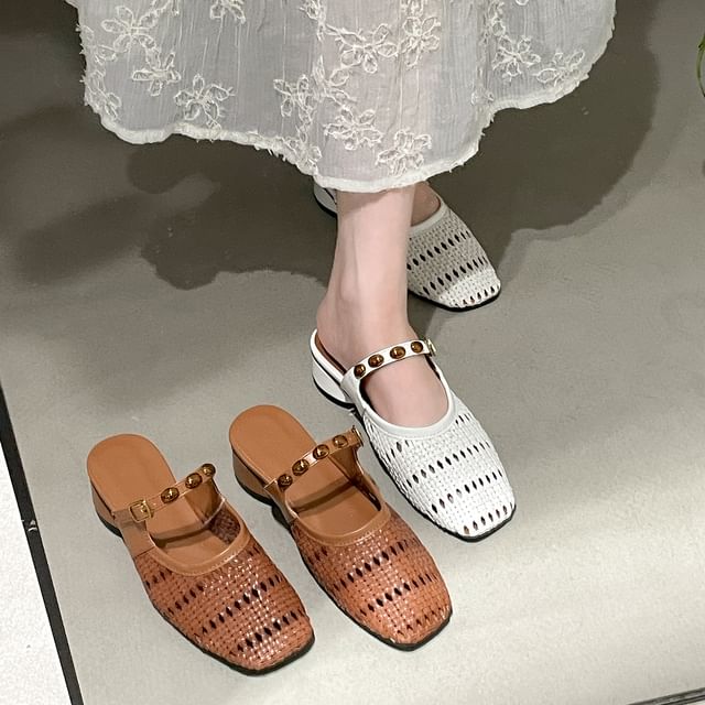 SouthBay Shoes-Square Toe Studded Low Heel Mules