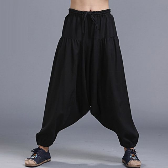 Sparrow Farm-Drawstring Waist Plain Harem Pants