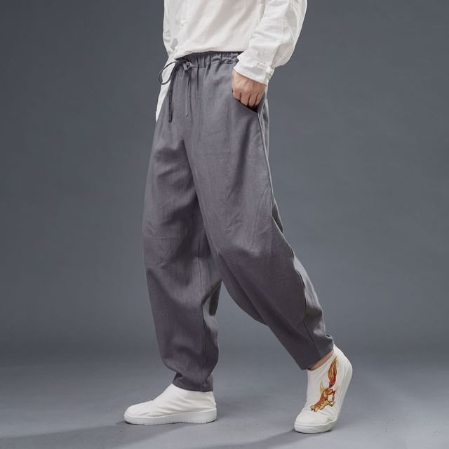 Sparrow Farm-Drawstring Waist Plain Harem Pants