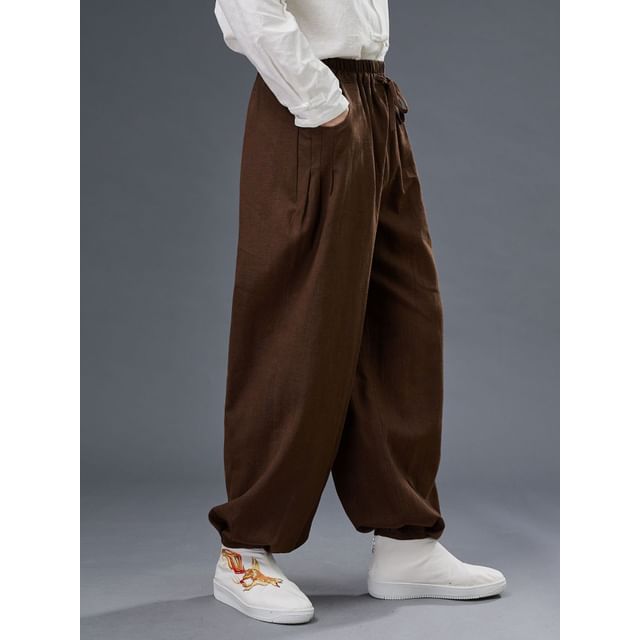 Sparrow Farm-Drawstring Waist Plain Harem Pants