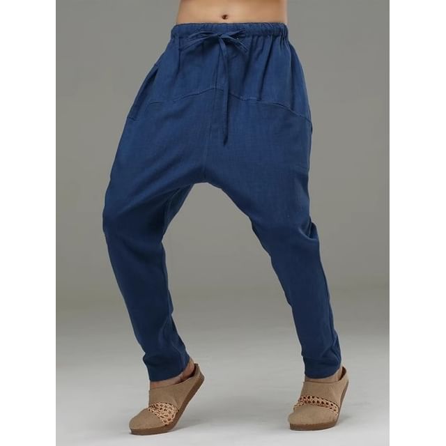 Sparrow Farm-Drawstring Waist Plain Textile Harem Pants