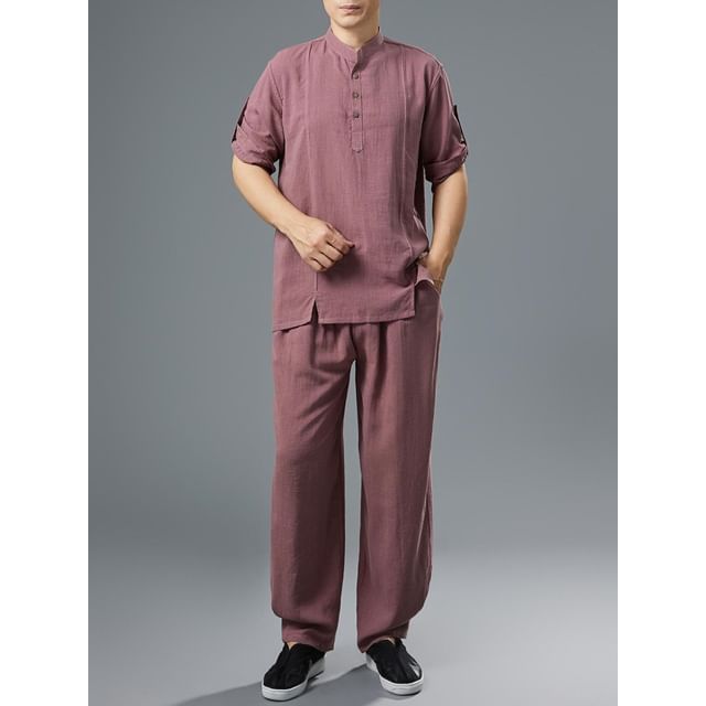 Sparrow Farm-Long-Sleeve Henley Plain Top Harem Pants Set