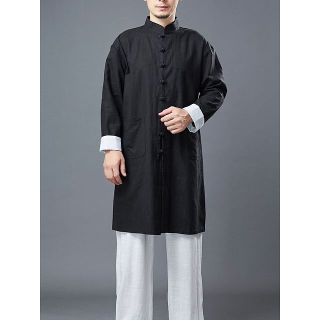 Sparrow Farm-Long-Sleeve Stand Collar Contrast Cuff Frog Buttoned Long Hanfu Top