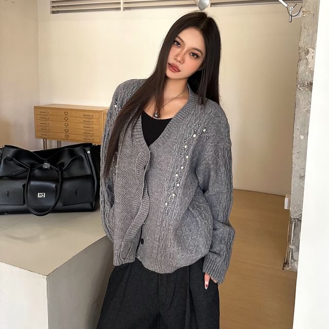 SPUCIKLEI-Beaded Plain Cardigan