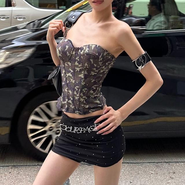 SPUCIKLEI-Camo Print Rhinestone Crop Bustier Top