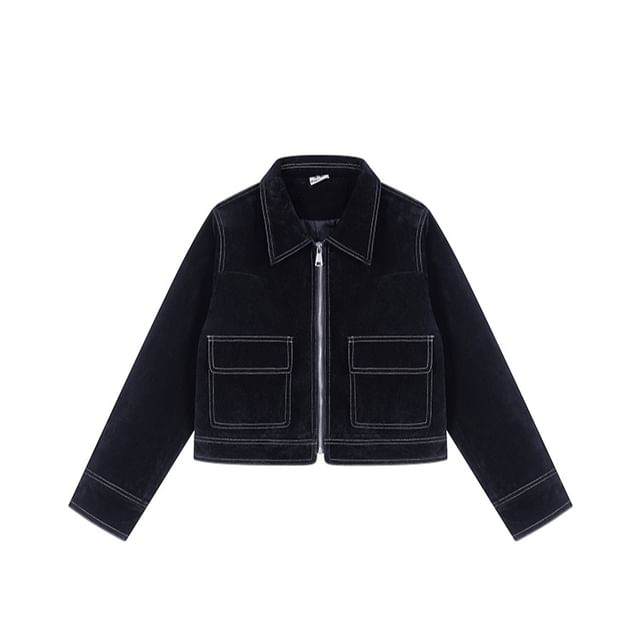 SPUCIKLEI-Collar Contrast Stitching Denim Cropped Zip Jacket