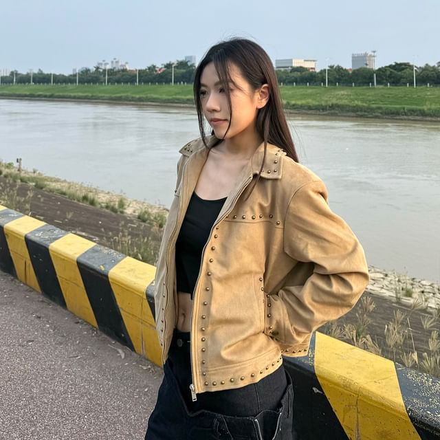 SPUCIKLEI-Collar Plain Studded Faux Suede Zip Jacket