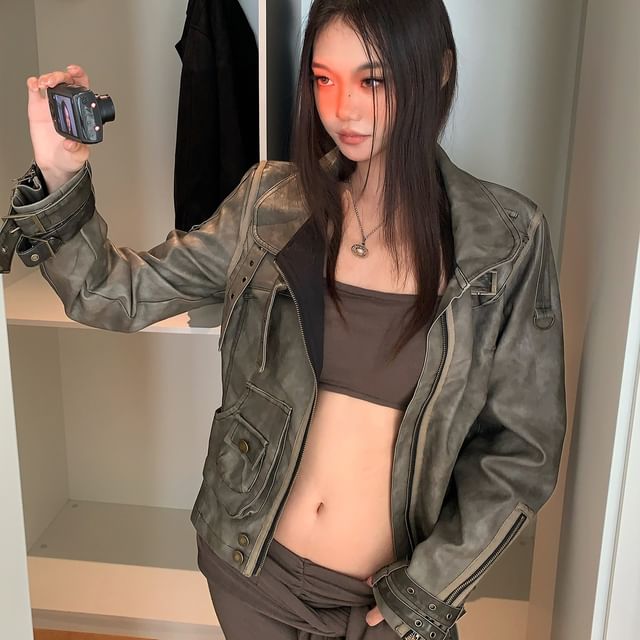 SPUCIKLEI-Collared Buckled Zip-Up Faux Leather Crop Jacket