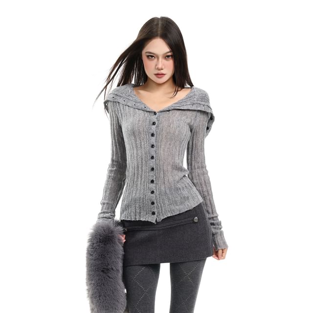 SPUCIKLEI-Collared Plain Ribbed Cardigan