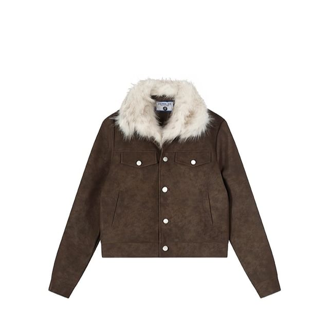 SPUCIKLEI-Contrast Fleece Collar Faux Leather Button Jacket