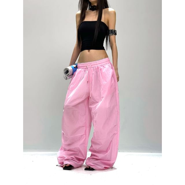 SPUCIKLEI-Drawstring Waist Plain Baggy Pants