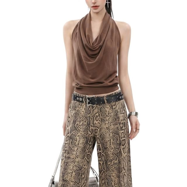SPUCIKLEI-Halter Cowl Neck Plain Open Back Crop Top