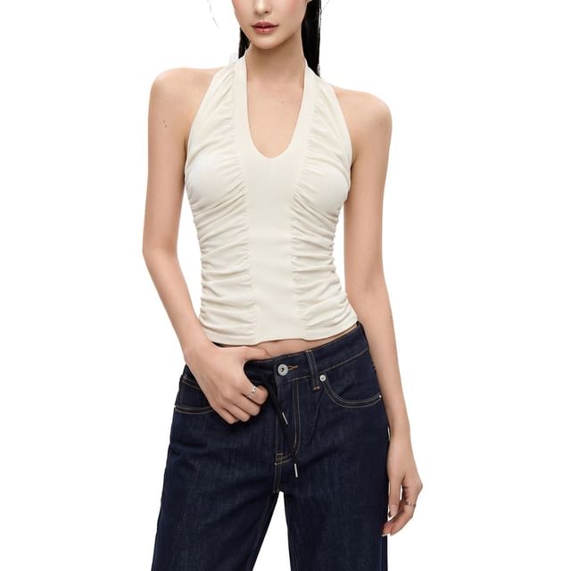 SPUCIKLEI-Halter Plain Ruched Top