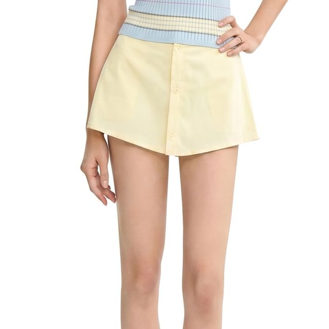SPUCIKLEI-High Waist Button-Up Plain Mini A-Line Skirt