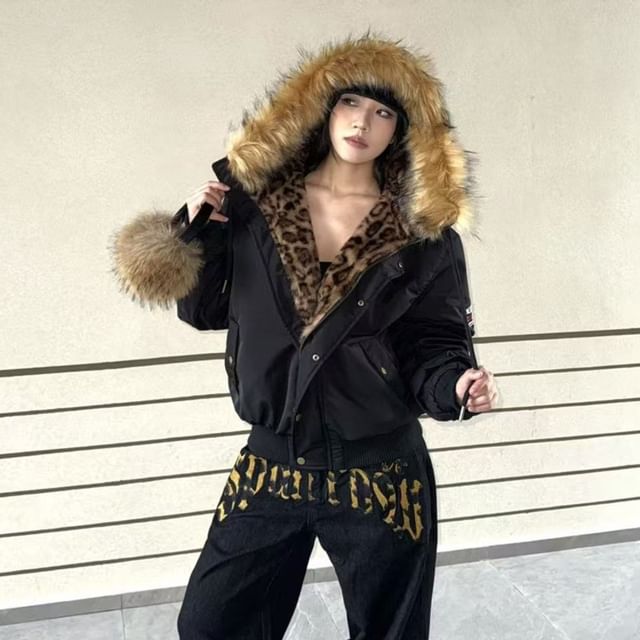 SPUCIKLEI-Leopard Lining Fluffy Trim Hood Zip Puffer Jacket