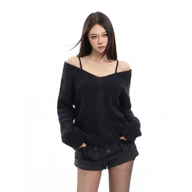 SPUCIKLEI-Long-Sleeve Boat Neck Plain Sweater