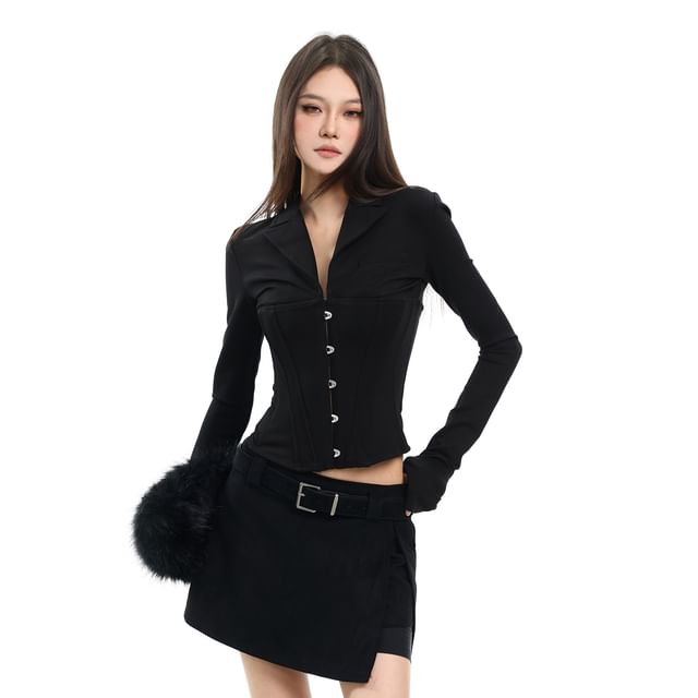 SPUCIKLEI-Long Sleeve Collared Plain Hook And Eye Top