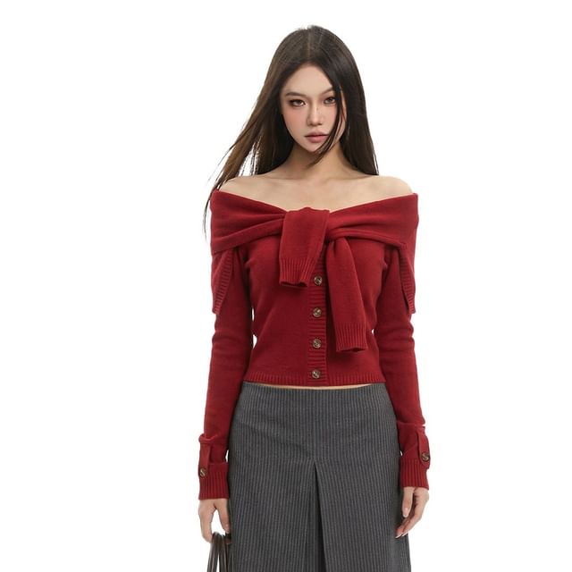 SPUCIKLEI-Long-Sleeve Off Shoulder Button-Up Plain Crop Knit Top