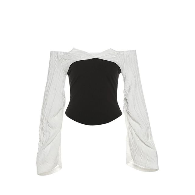 SPUCIKLEI-Long-Sleeve Off-Shoulder Two Tone Knit Top