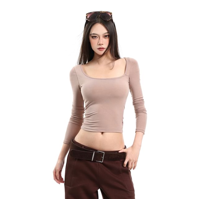 SPUCIKLEI-Long Sleeve Square Neck Plain Top